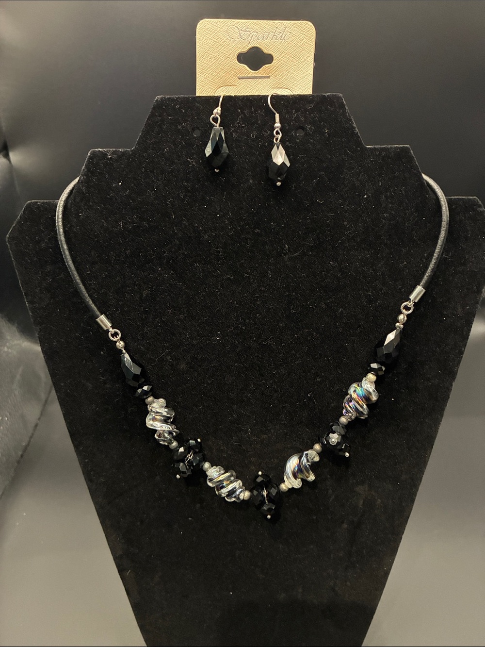 Black Faceted Bead Necklace with Iridescent Accent Beads and Matching Earrings